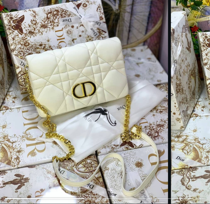 Elegant Quilted Shoulder Bag with Gold Chain & CD Logo - Cream/Off-White