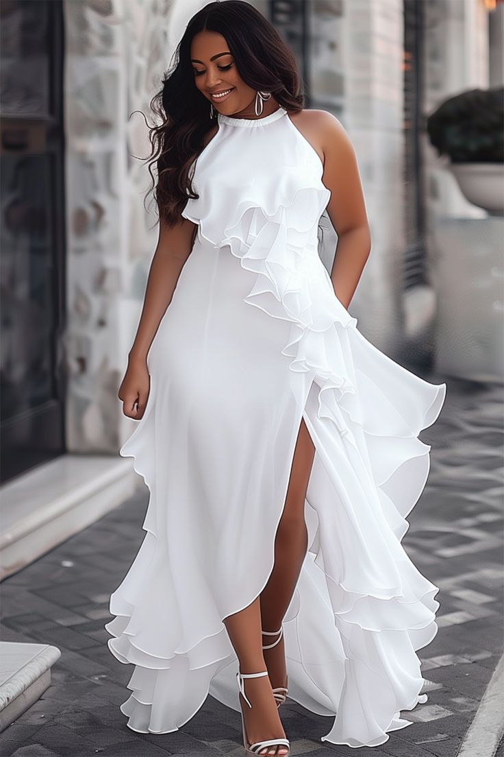 Elegant White Halter Neck Tiered Dinner Dress