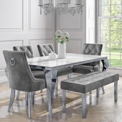 Stylish Glass Dining Table Set with Bench and Four Chairs