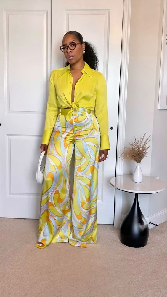Women’s Two-Piece Yellow Silk Top and Trousers Set