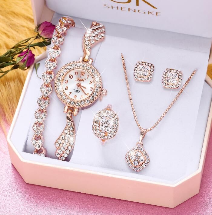 SHENGKE Luxury Rose Gold Women's Watch & Jewelry Gift Set