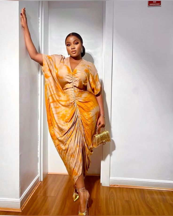 Golden Tie-Dye Ruched Midi Dress with Draped Sleeves - Plus Size Available