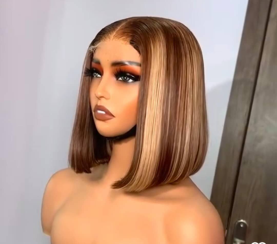Brown Highlight Blunt Cut Bob Wig