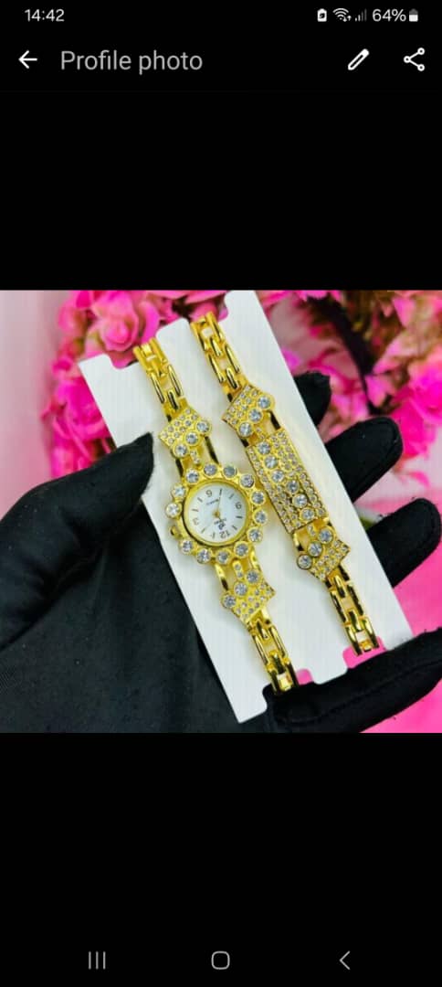 Women’s Gold Wristwatch and Hand Chain Combo Set