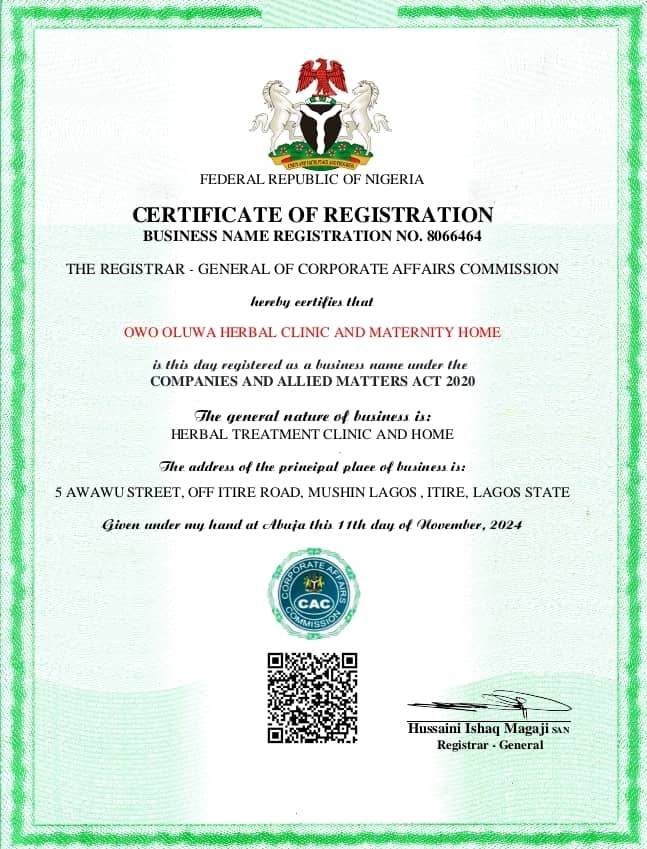 OWO OLUWA certificate 